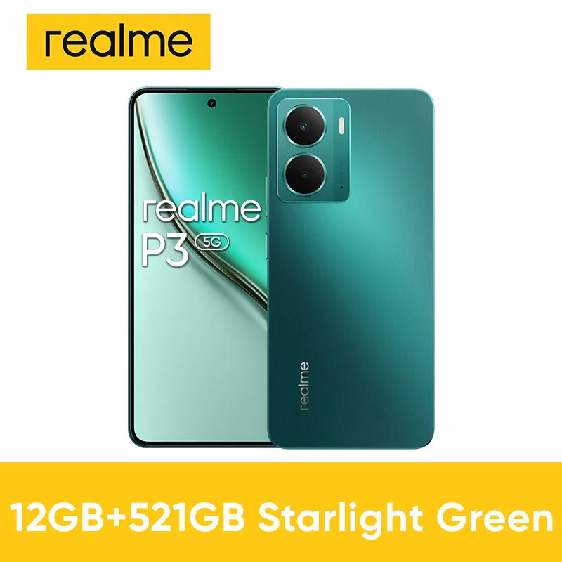 Realme P3 5G smartphone in Starlight Green, 50MP AI camera, AMOLED display, front and rear view, 12GB+512GB model.