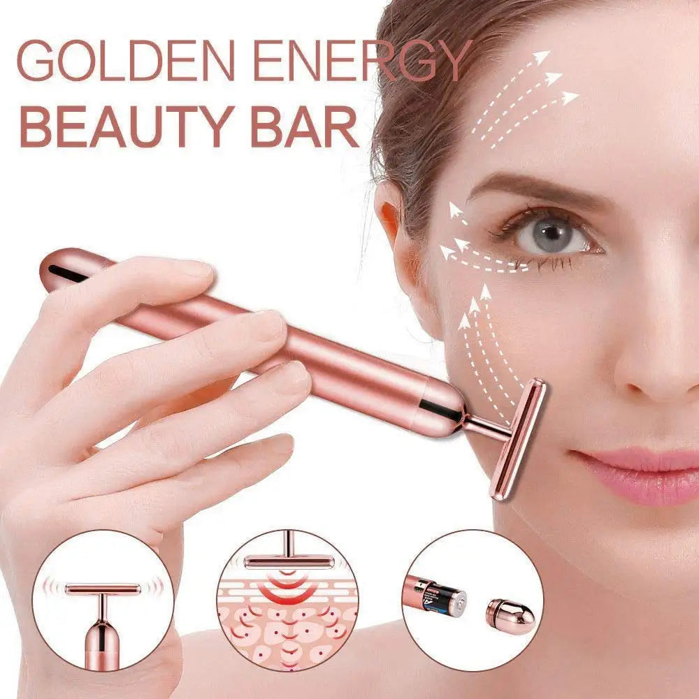 Woman using a rose gold electric T-shaped vibrating face massager on her cheek, with detail insets showing battery.