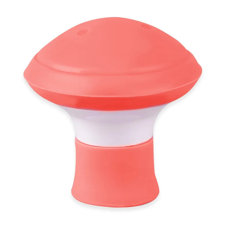 Mushroom-shaped silicone facial exerciser in coral pink and white, designed for face lifting and toning.