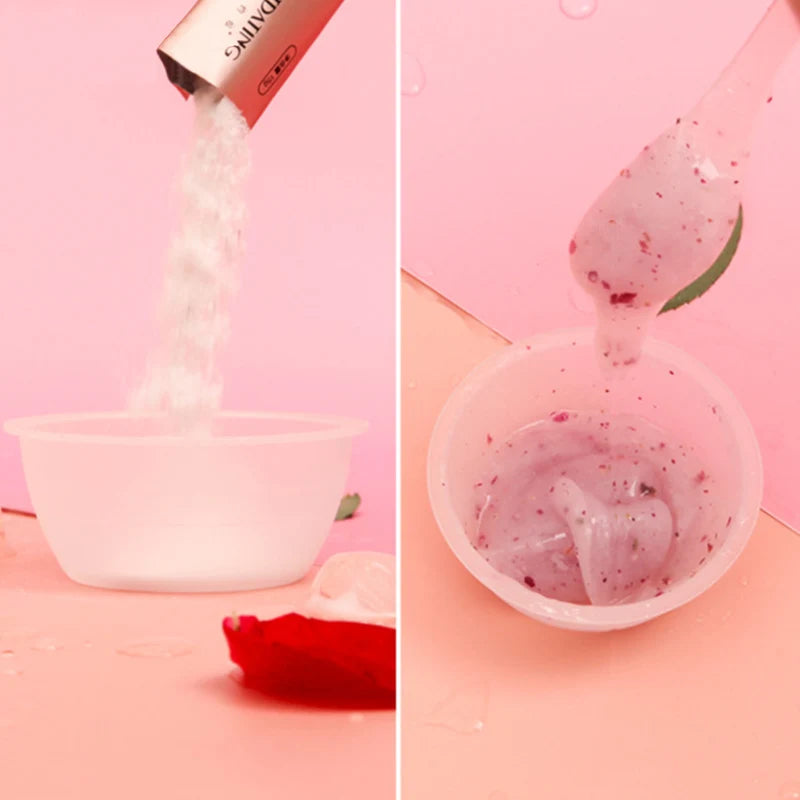 Rose petal face mask powder pouring into a mixing bowl and stirring into a thick, pink gel with botanical flecks.
