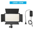 U800 LED video light panel with adjustable black barn doors, ball head mount, and a separate AC power adapter.