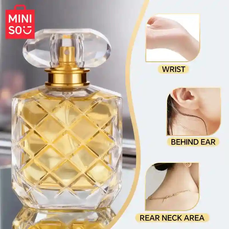 MINISO Glowing Happiness 50ml EDP: Women's floral fruity perfume in a luxury diamond-cut glass bottle with gold cap.