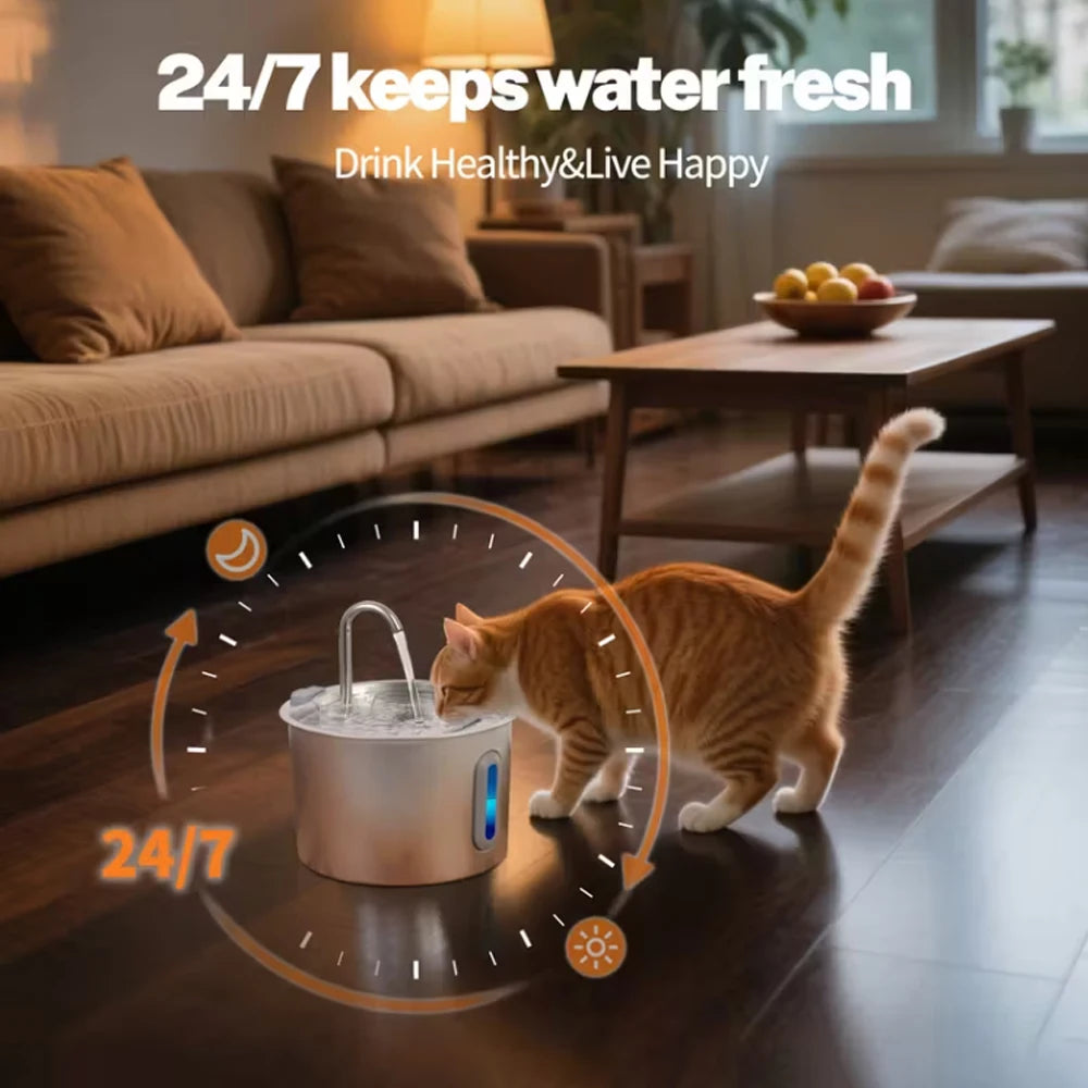 Ginger cat drinking from a 2.2L stainless steel smart pet water fountain for fresh, healthy hydration at home.