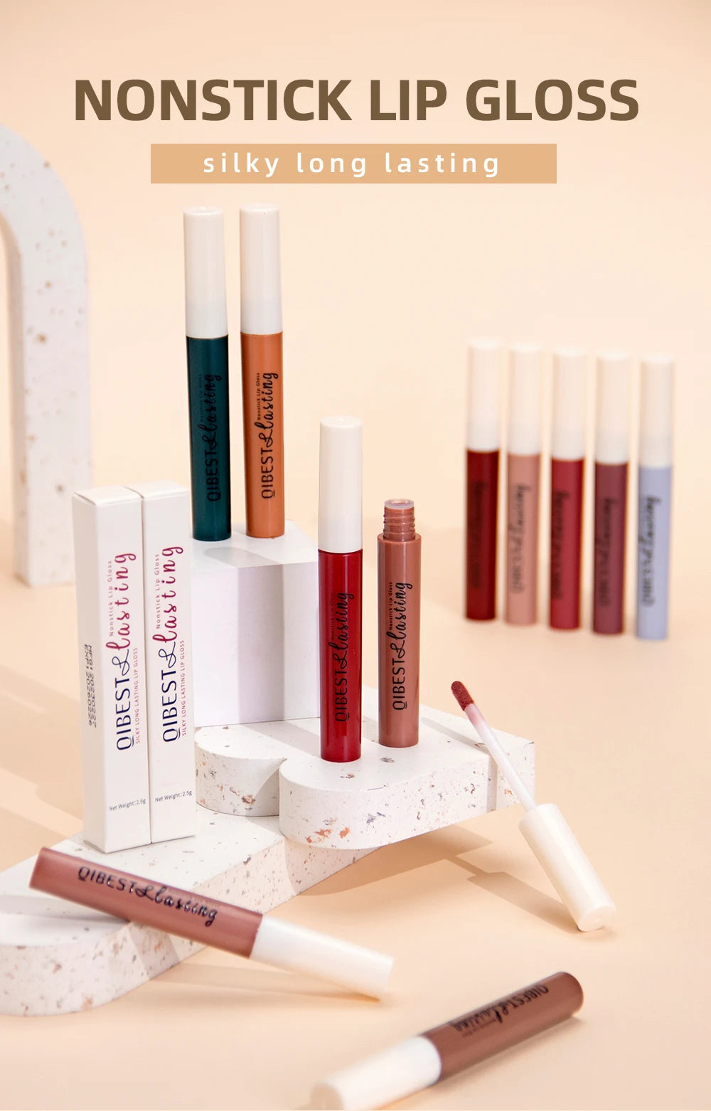 QIBEST long-lasting velvet liquid lipstick collection featuring assorted matte shades and nonstick lip gloss wands.
