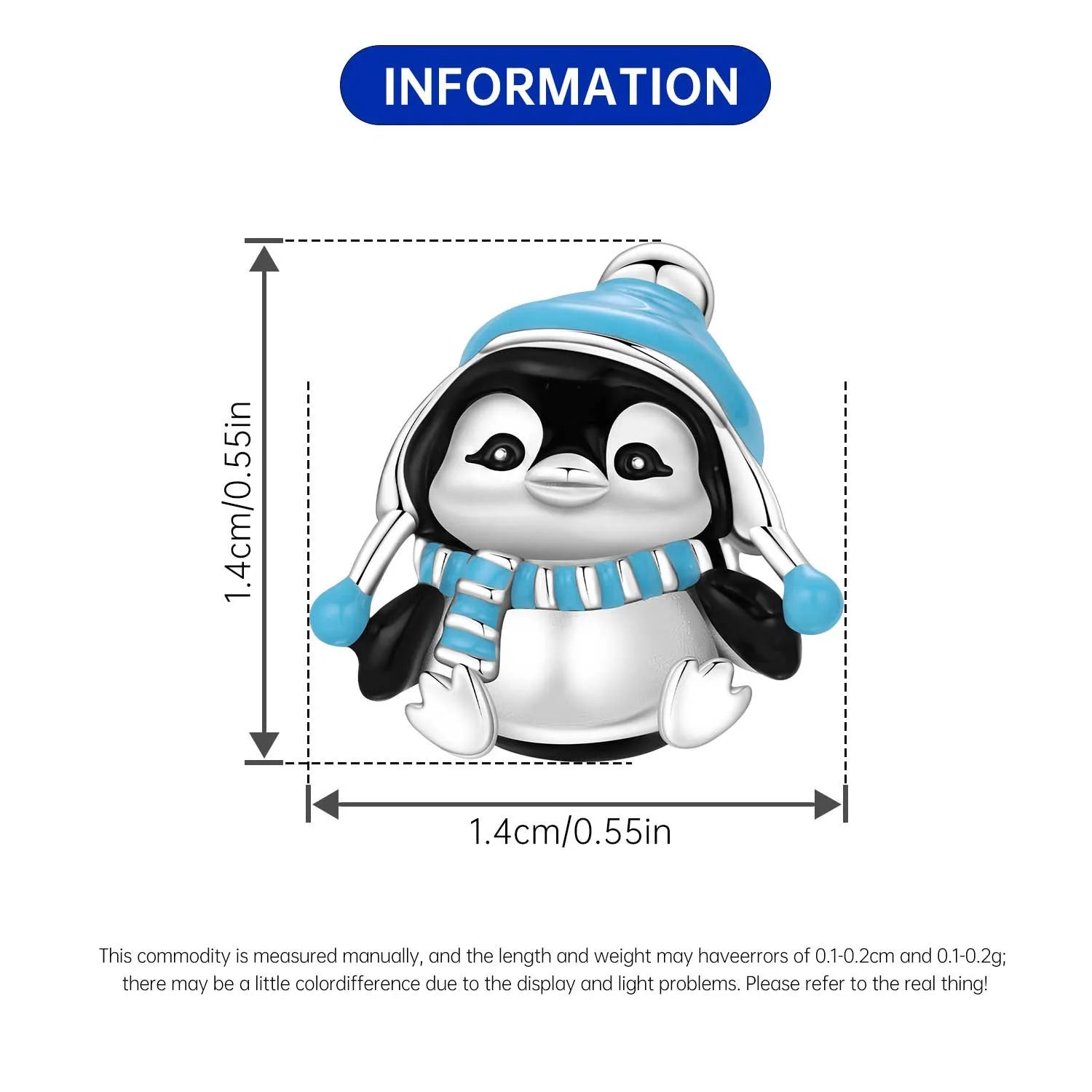 925 sterling silver penguin charm for bracelets. Cute blue enamel pet bead jewelry, perfect for DIY gifts. 1.4cm size.
