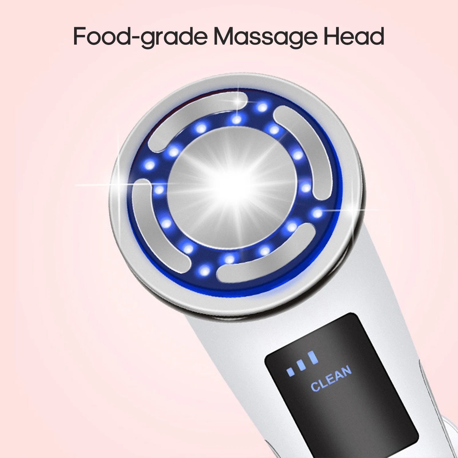 Hot and cold facial beauty device with food-grade massage head, blue light therapy, and EMS clean mode for skincare.