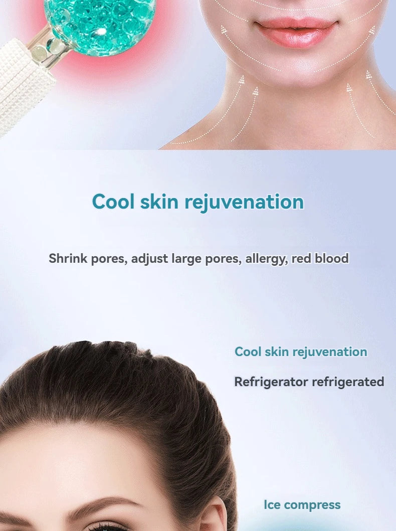 Two blue glass globes with white textured handles used for facial cooling massage on skin.