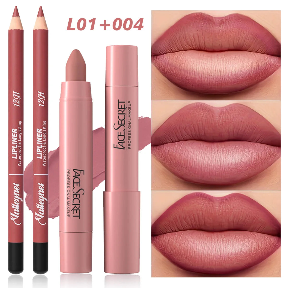 Matte nude-pink lipstick and lip liner combo set with a velvet finish for long-lasting, waterproof lip makeup.