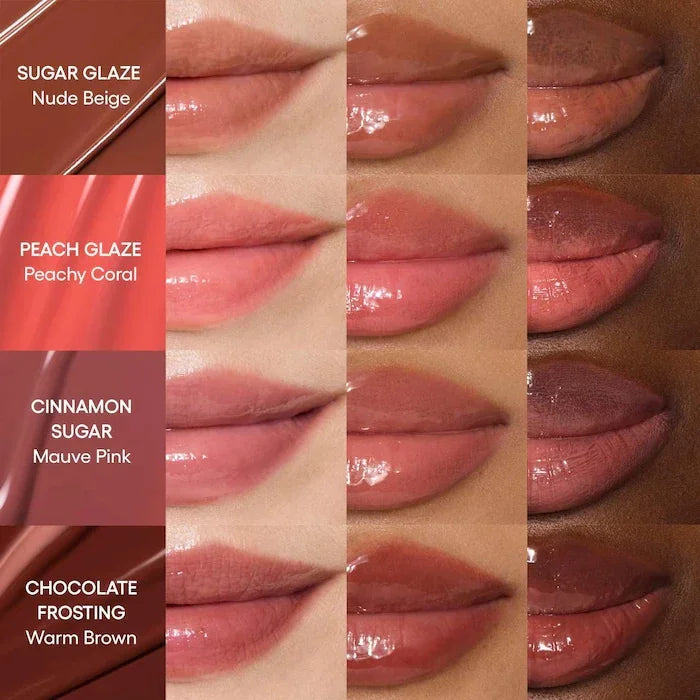 Laneige Lip Glowy Balm swatches: glossy, hydrating lip tint in Nude, Coral, Mauve, and Brown on various skin tones.