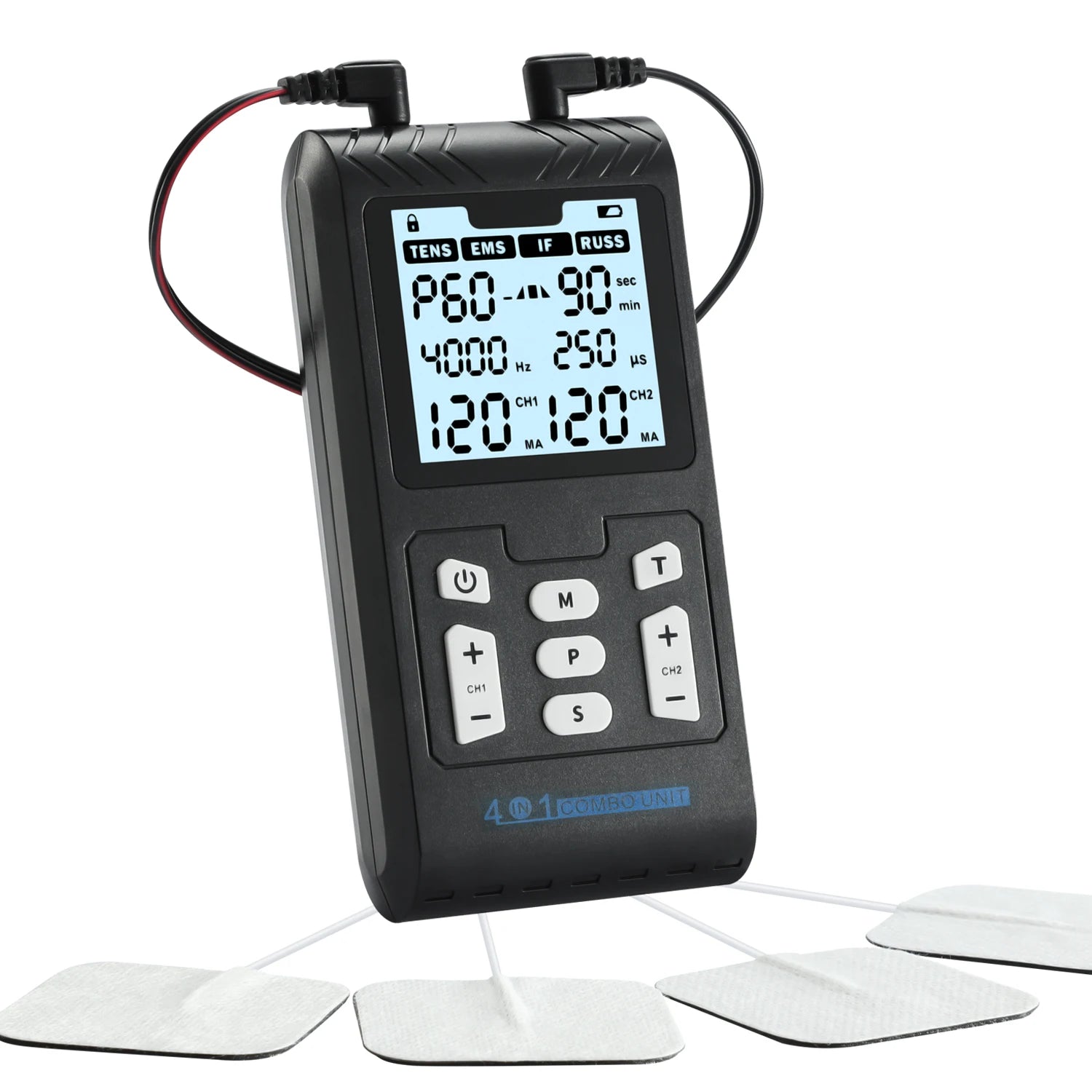 Black 4-in-1 portable TENS, EMS, IFT, and RUSS electric muscle stimulator with digital display and electrode pads.