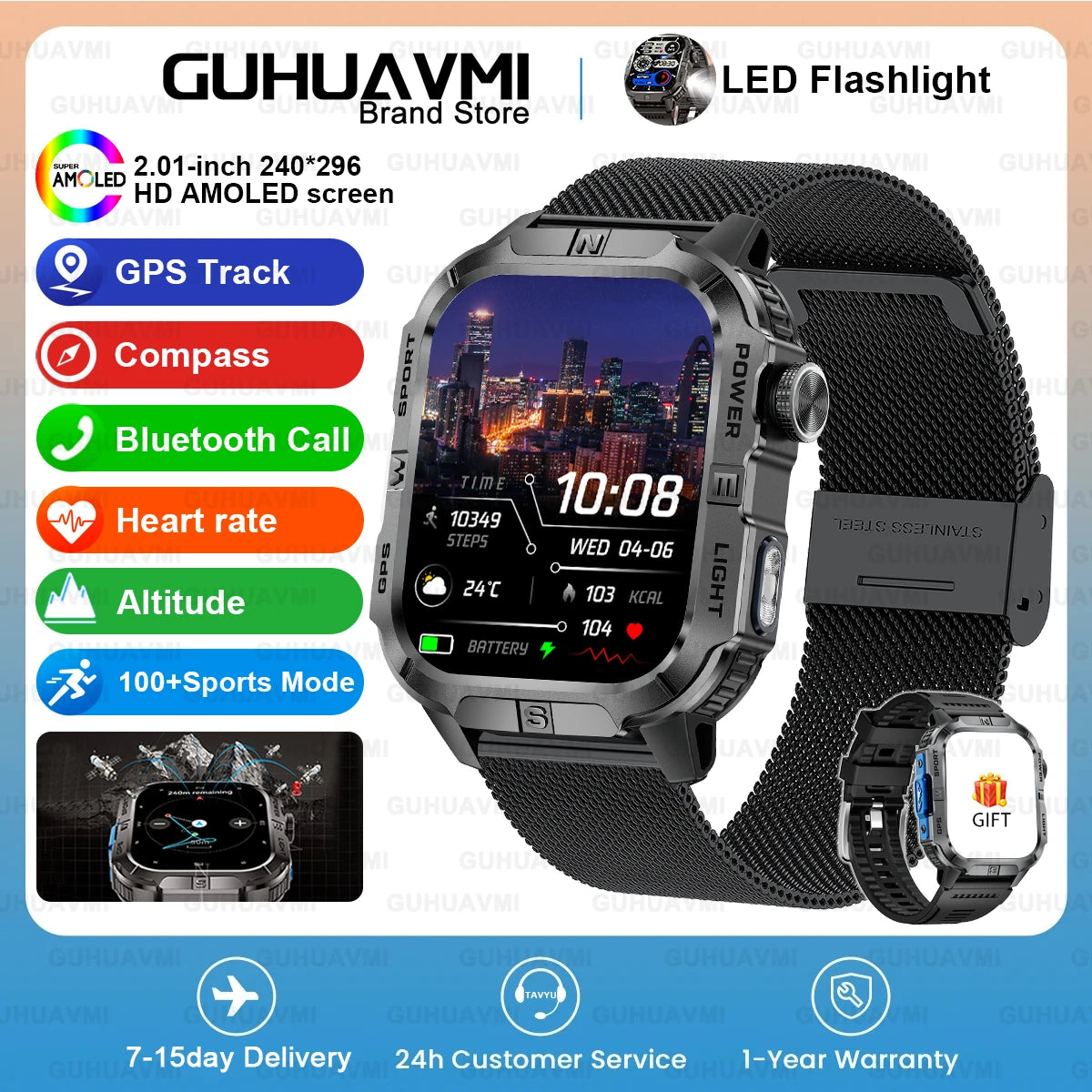 2026New Outdoor Military Men's Smartwatch, Equipped With GPS LED Lighting, Compass, Wireless Communication IP68 Waterproof Watch