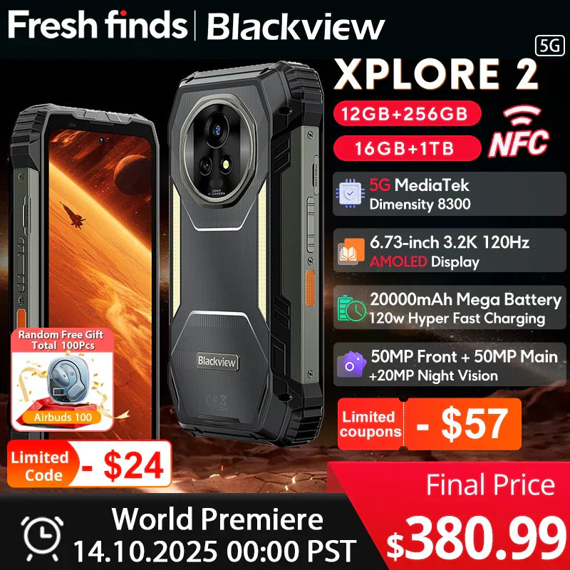 Blackview XPLORE 2 Rugged Phone 5G 6.73” 3.2K AMOLED Display 20000mAh MediaTek Dimensity 8300 120W Charger Tidesmit