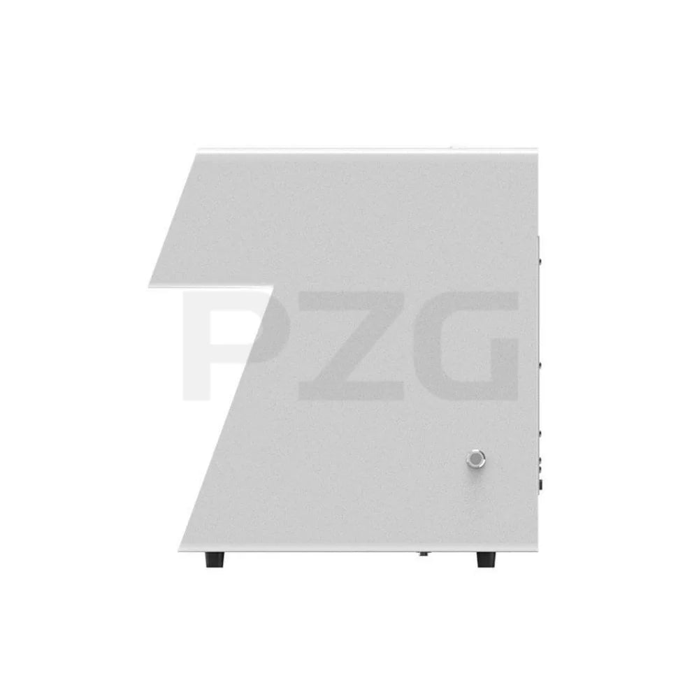 White PZG metal commercial coffee machine, side view showing minimalist industrial design and compact countertop frame.