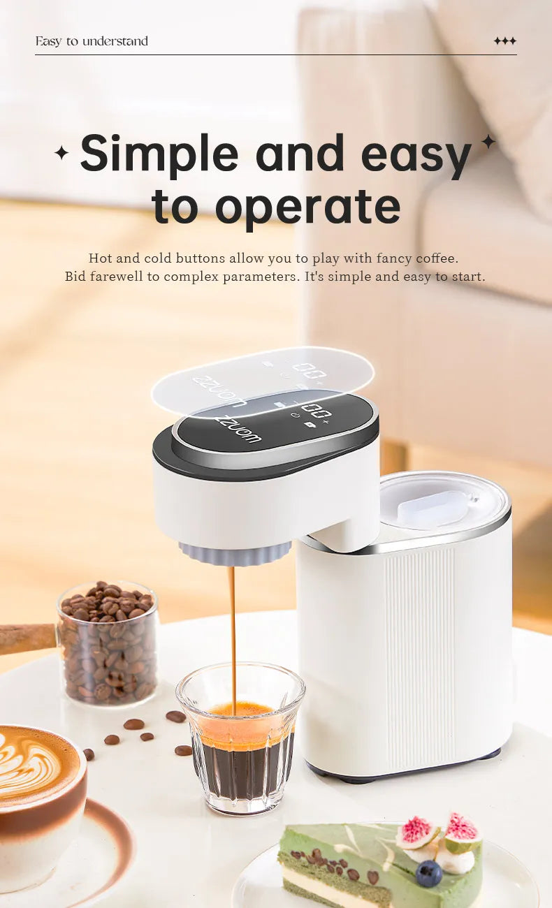 White Zzuom coffee maker brewing espresso into a glass, featuring a digital touch display and minimalist design.