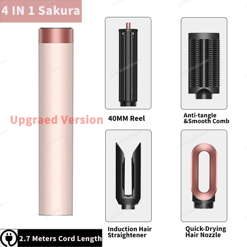 Sakura pink 4-in-1 hair styler with curling barrel, smoothing brush, straightener, and dryer nozzle attachments.