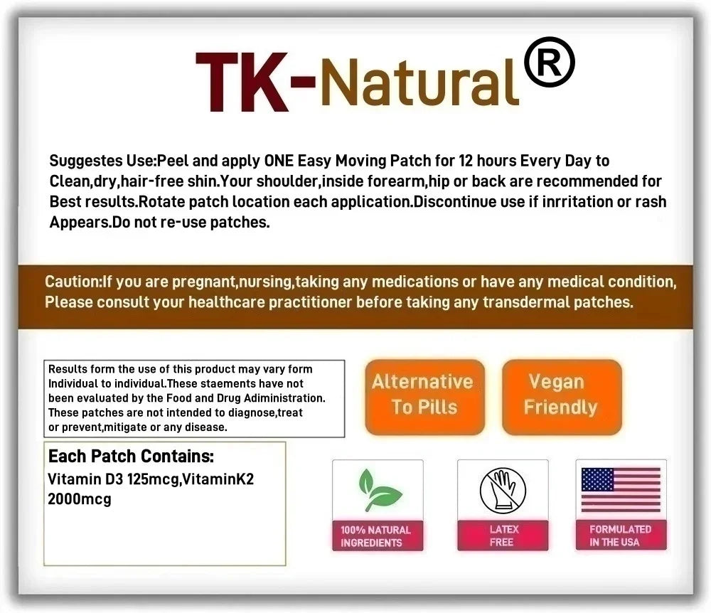 Tidesmit Vitamin D3 K2 transdermal patches for bone strength, immune function, and calcium absorption usage directions.