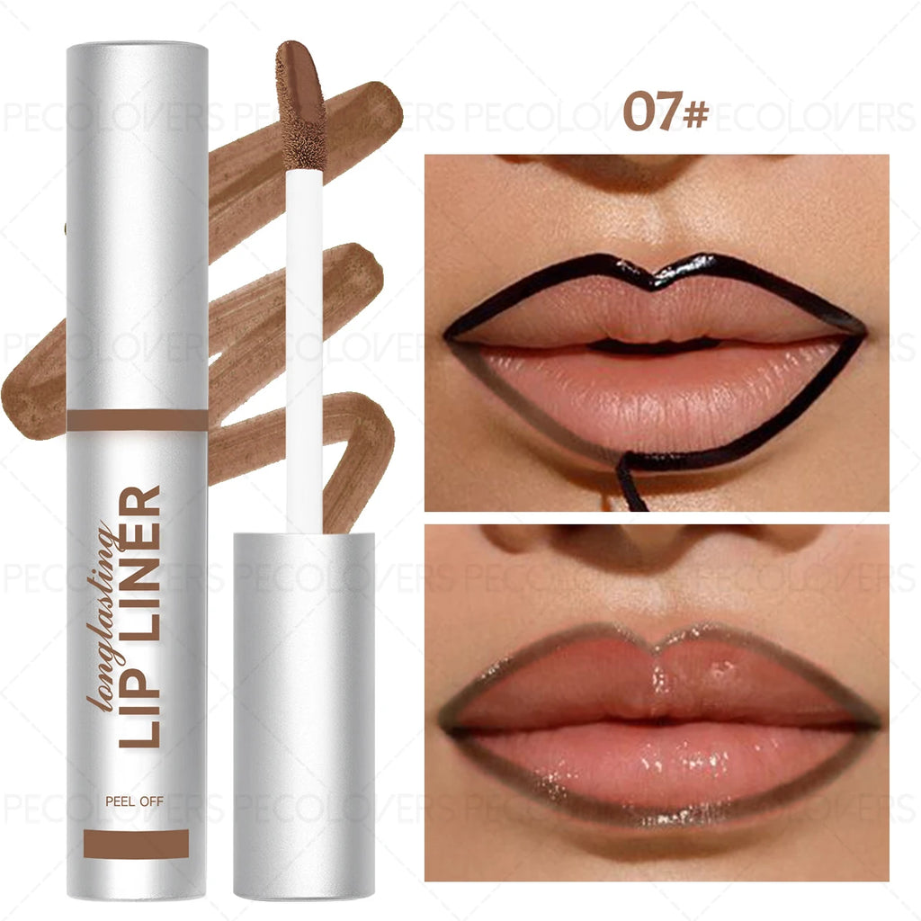 Matte brown peel-off lip liner for defined, waterproof long-lasting lip makeup application.