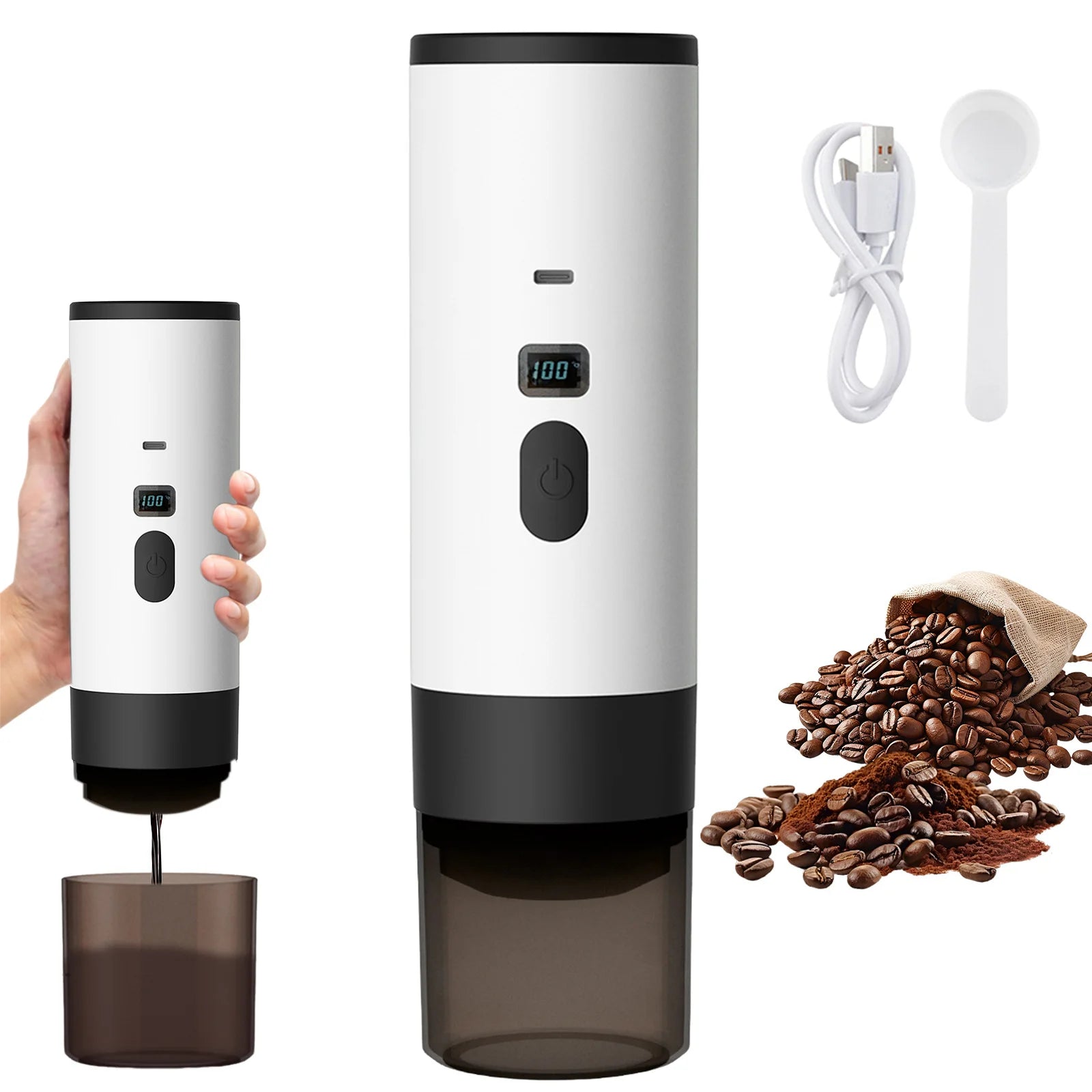 Portable white electric coffee grinder with digital display, USB-C charging cable, and scoop, showing bean capacity.