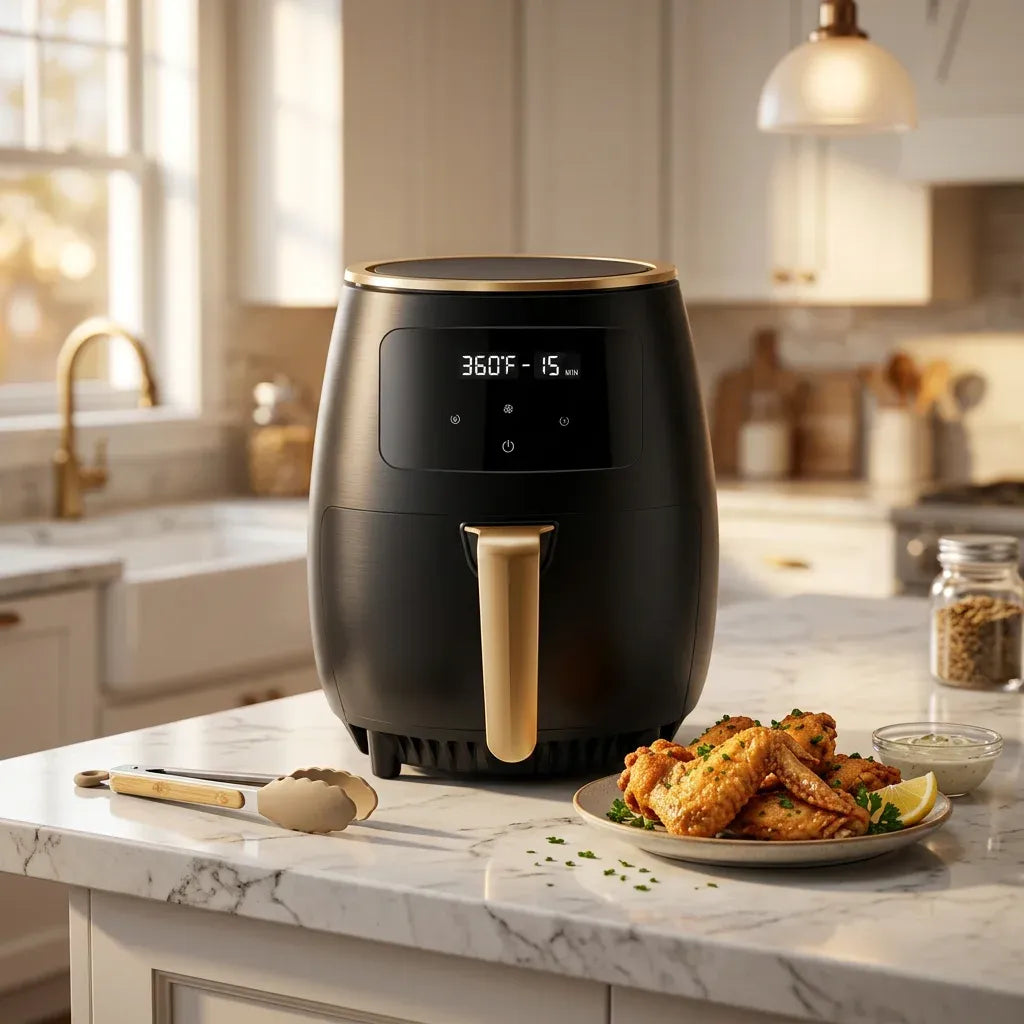 4.5L air fryer with black basket and gold handle, digital touch control panel on top