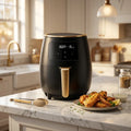 4.5L air fryer with black basket and gold handle, digital touch control panel on top
