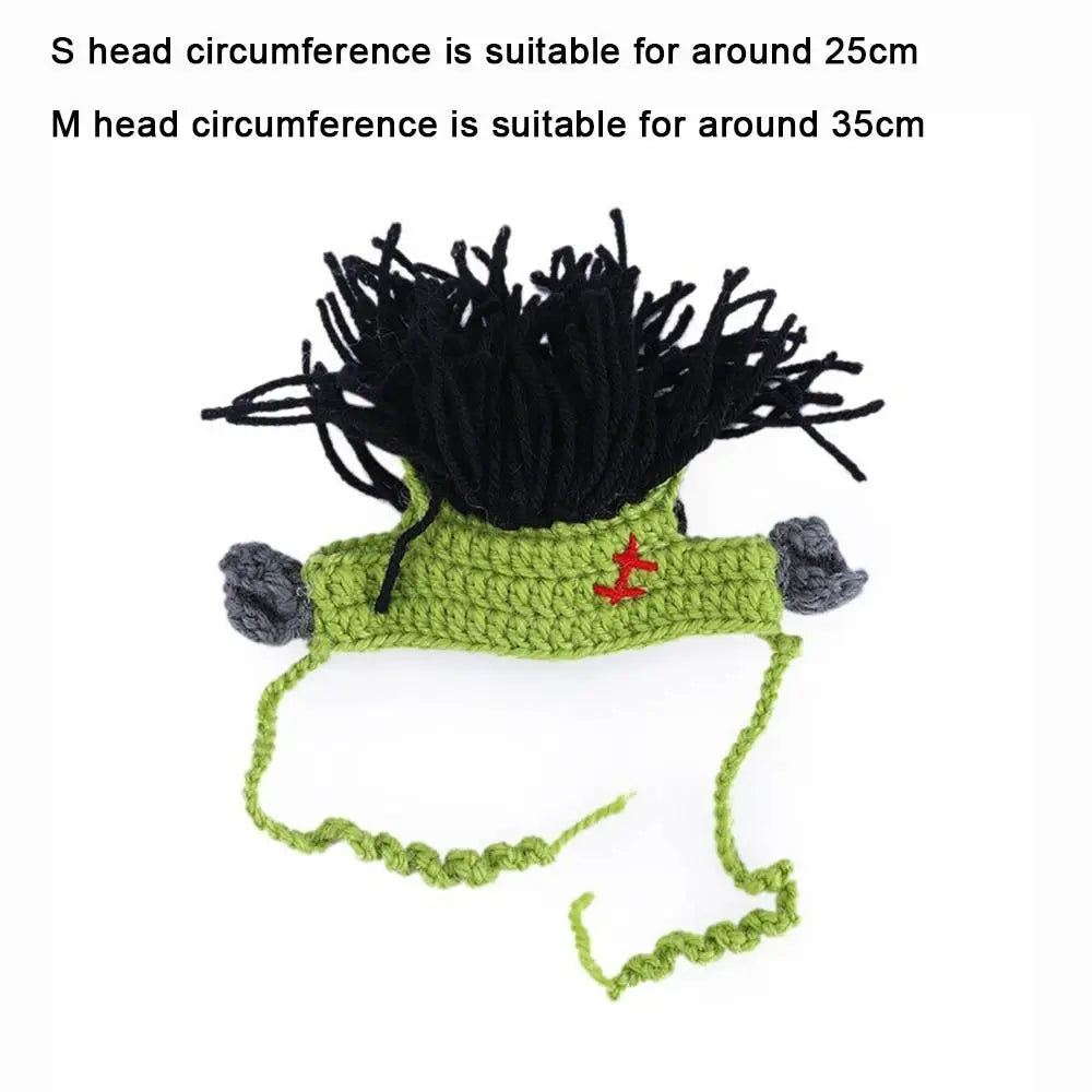 Funny knitted Frankenstein cat hat for cosplay, adjustable elastic pet costume for cats and small dogs.