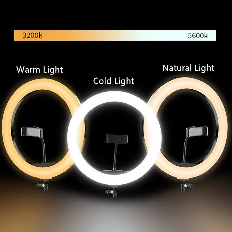Circular ring light with phone holder, showing warm, cold, and natural color temperature settings from 3200k to 5600k.