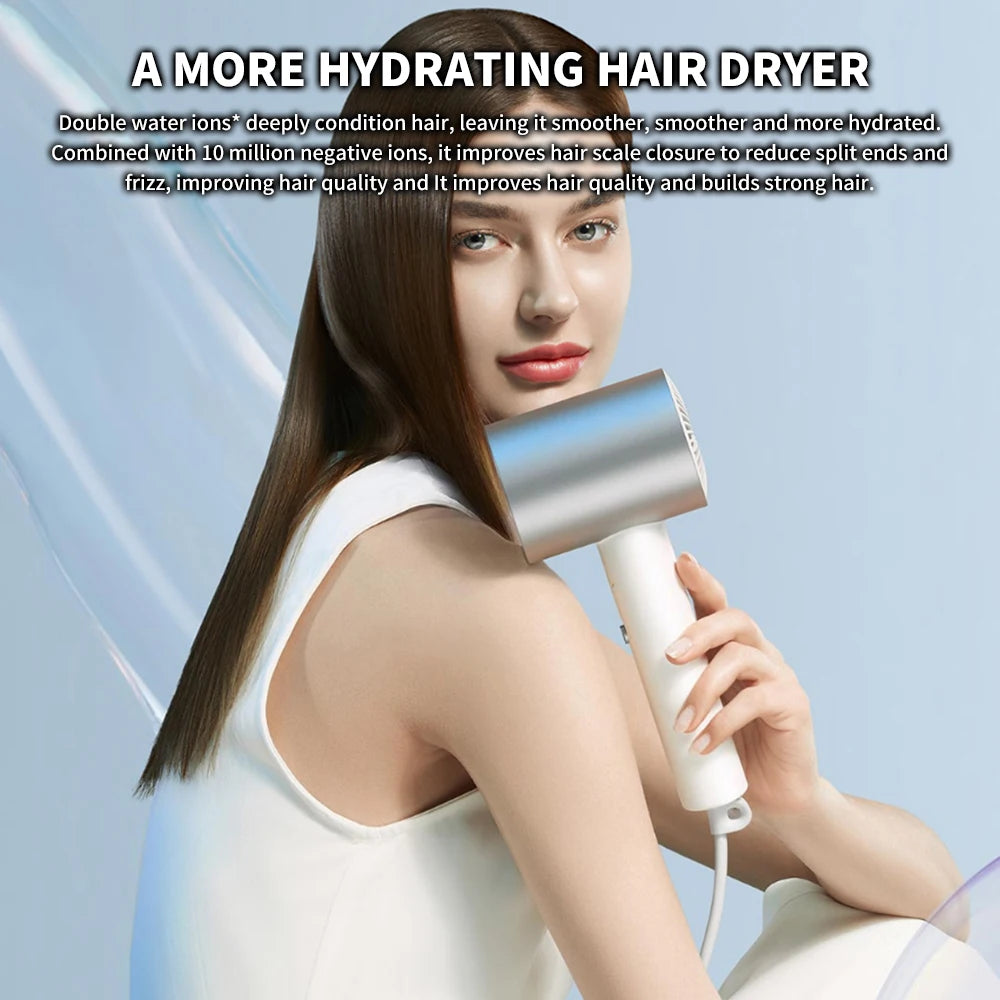 MIJIA H500 white and silver water ion professional hair dryer for frizz-free, hydrated, quick-dry styling.