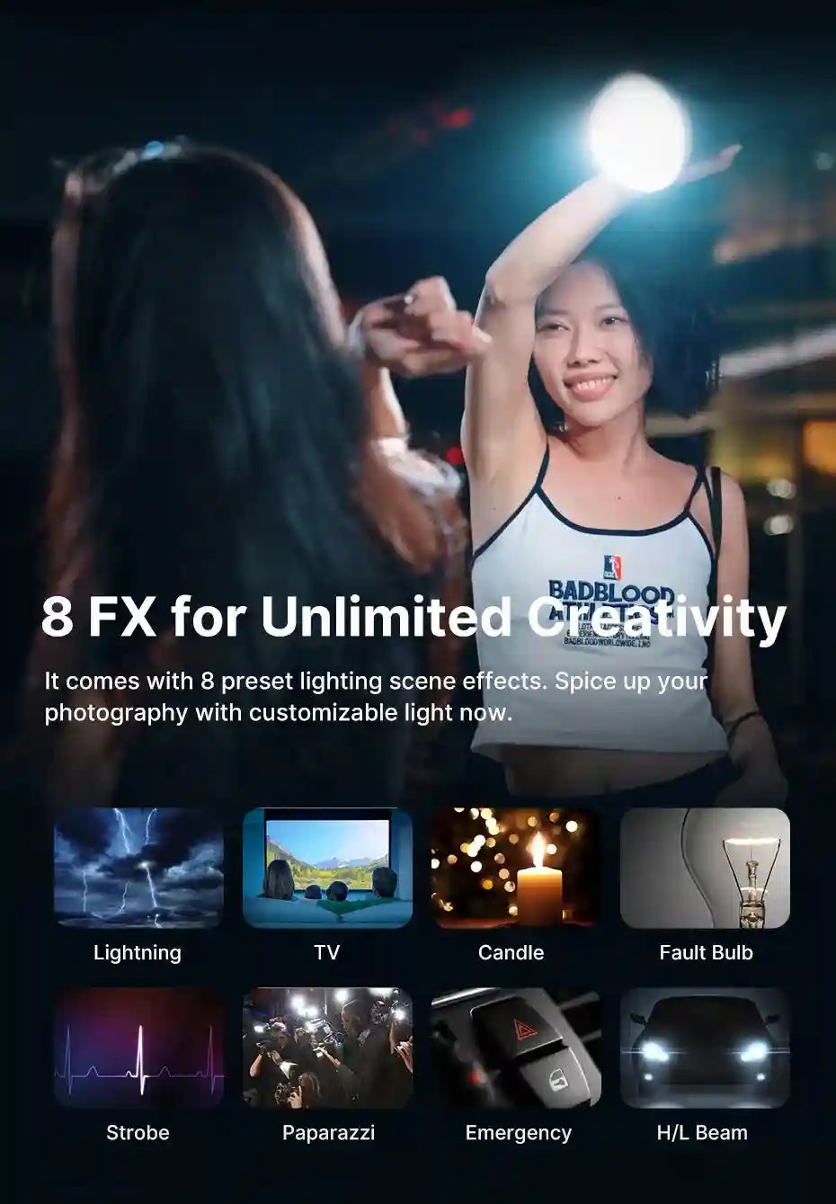 Portable handheld LED photography light with 8 adjustable lighting effects for creative, customizable scene