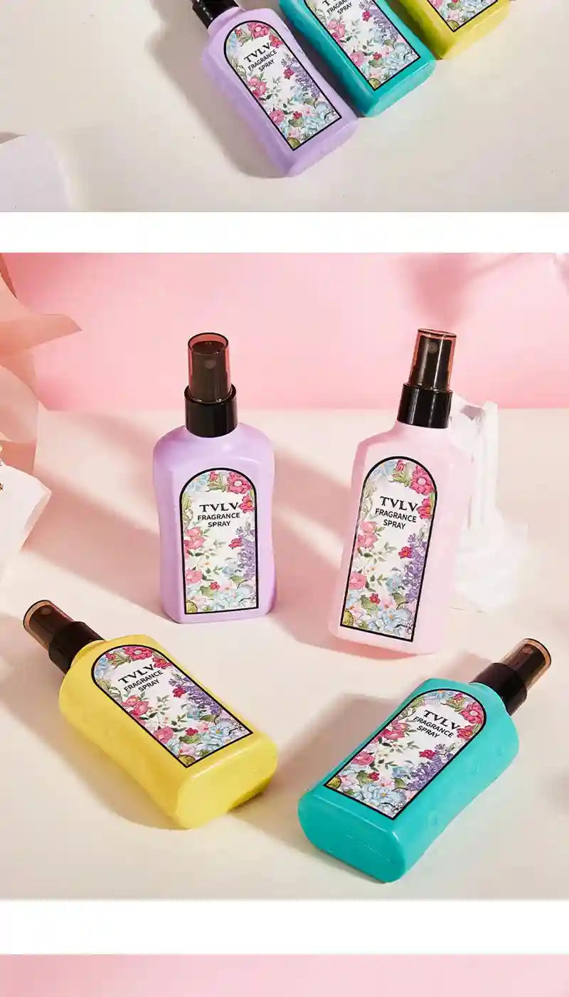 TVLV Jasmine fragrance spray for women: long-lasting floral scent in colorful, rectangular pocket-sized spray bottles.