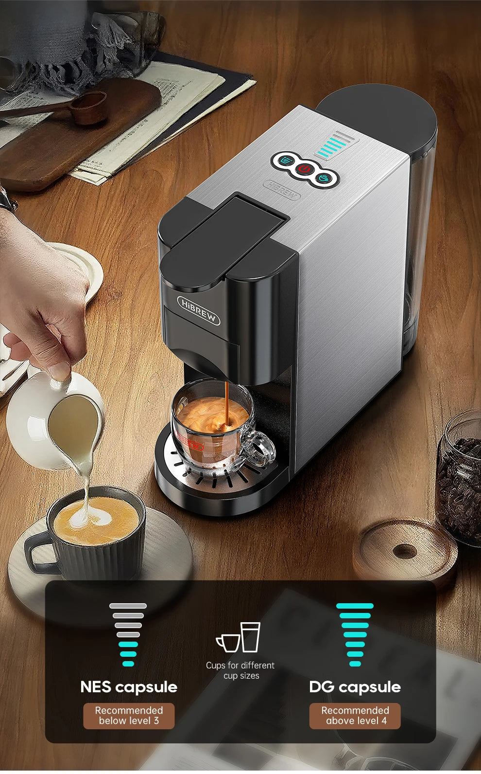 HiBrew silver and black multi-capsule coffee maker brewing espresso on a wooden table.
