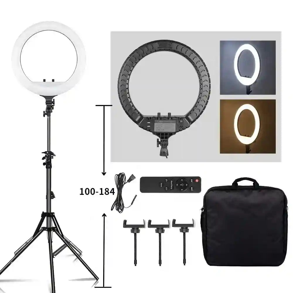 Adjustable ring light with tripod stand, three phone holders, remote control, and carrying case for studio lighting.