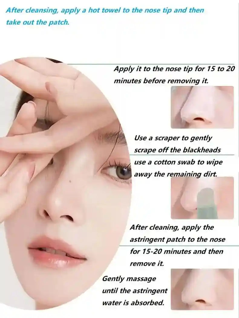 Instructions showing how to use a pore cleansing patch and scraper tool on a nose, with text steps.