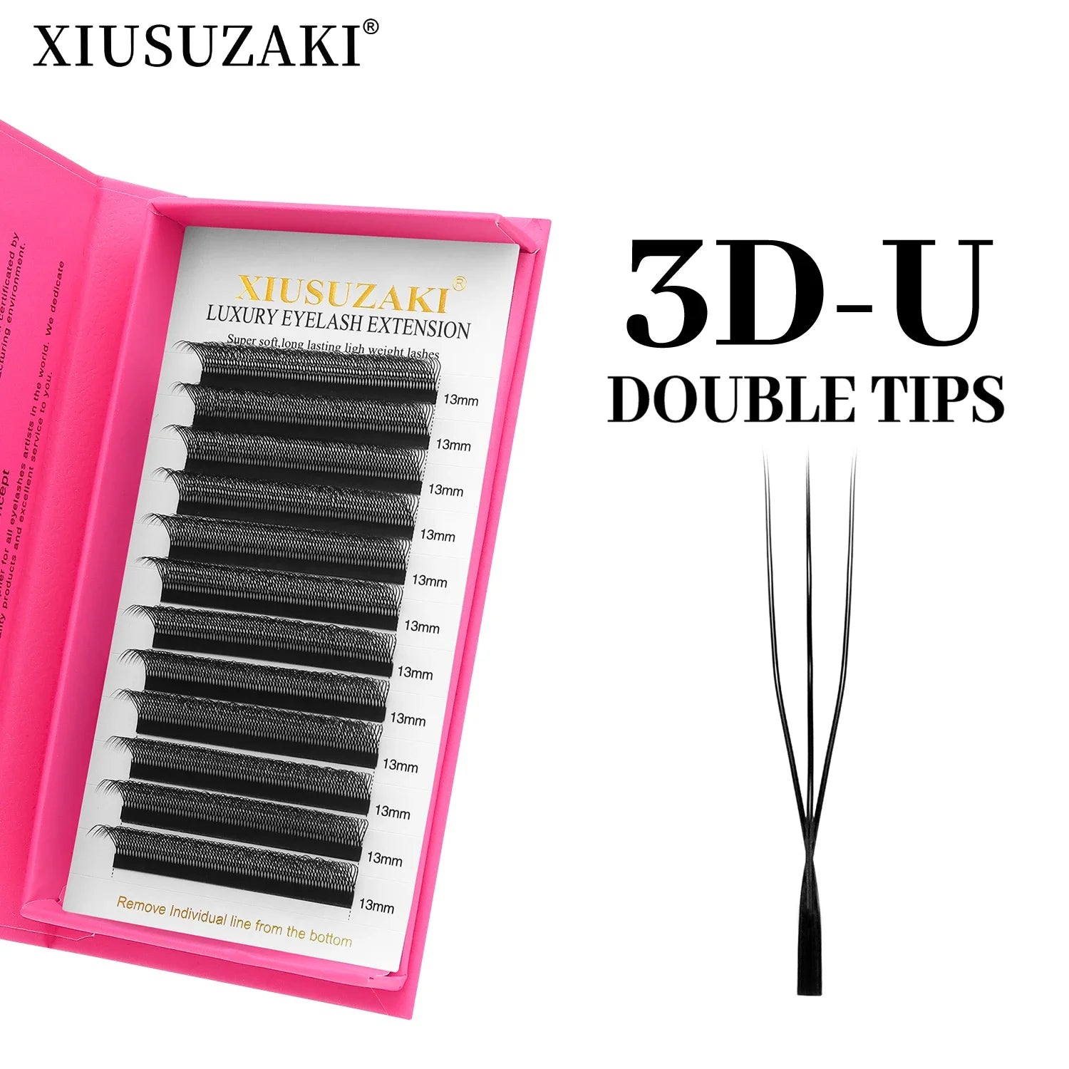 Tray of 3D-U double-tip black synthetic eyelash extensions in 13mm lengths, stored in a bright pink case.