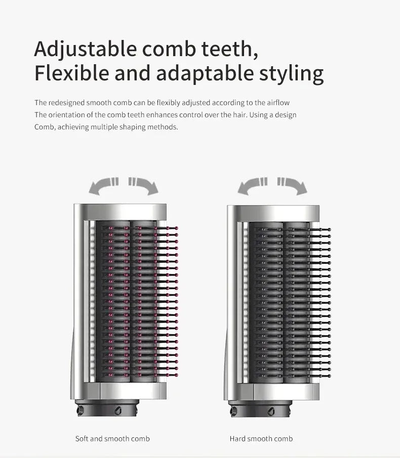 SenCiciMen 6-in-1 multi hair styler attachment showing adjustable soft and hard smooth comb teeth for flexible styling.