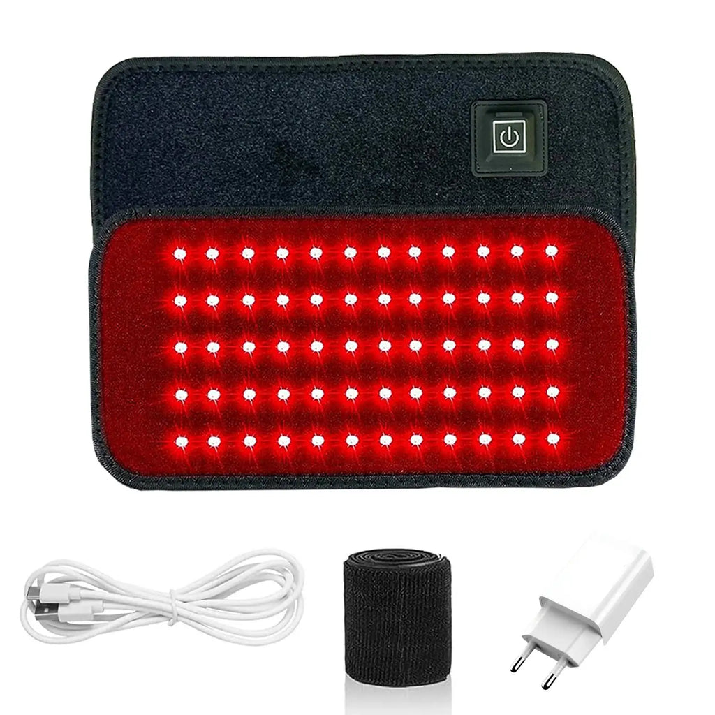 Red and infrared light therapy belt with 60 glowing LEDs, power button, USB cable, strap, and wall plug adapter.