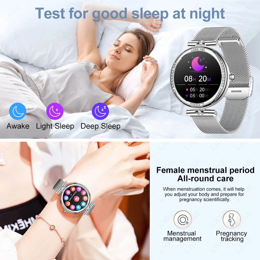 LIGE New Women Watch 1.19" 390*390 AMOLED Display Heart Rate Blood Oxygen Monitoring Bluetooth Call Fashion Diamond Smartwatch