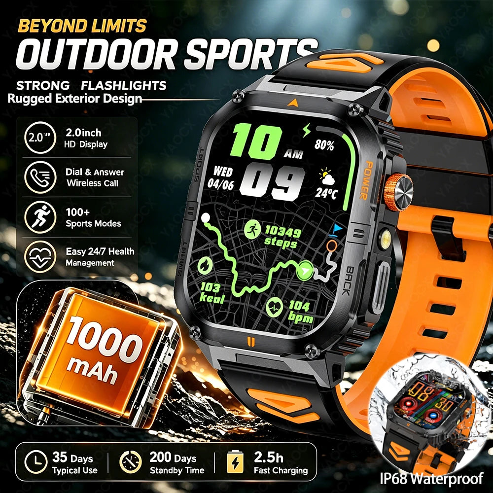 Hot Sell Gifts 2026 New Military SmartWatch Men Outdoor Sports IP68 Waterproof  LED Bluetooth Call Health Monitoring Men Women