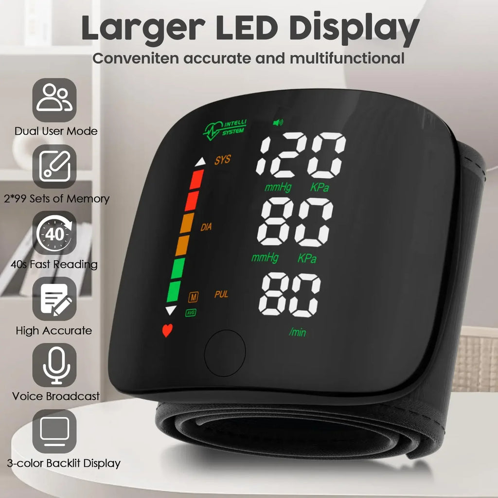 New LED Wrist Blood Pressure Monitor English Voice Broadcast Sphygmomanometer Tonometer BP Monitor Forehead Digital Thermometer