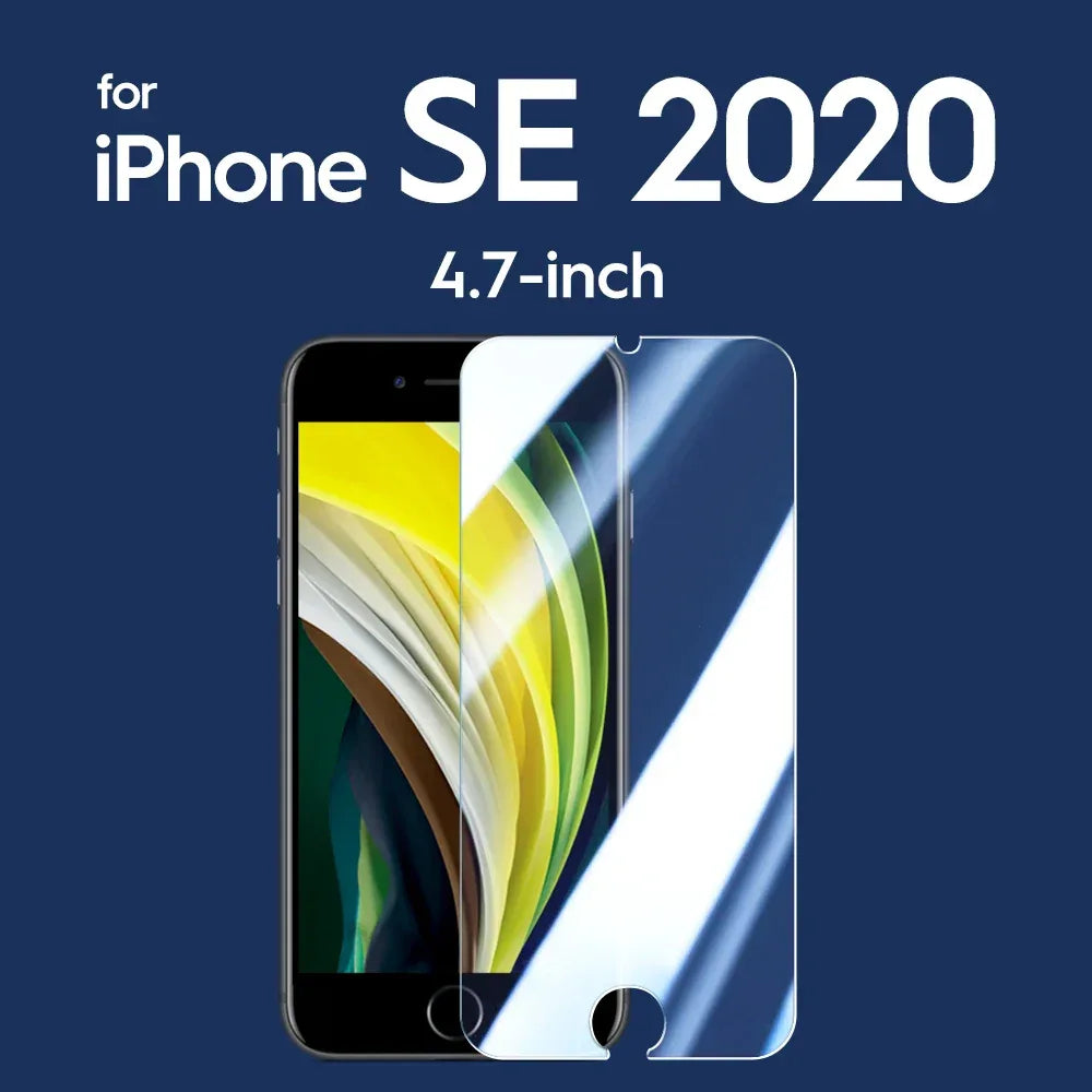 Clear tempered glass screen protector for 4.7-inch iPhone SE 2020 with a cutout for the home button.