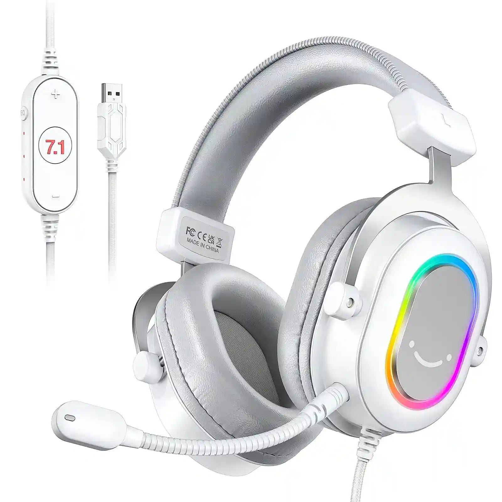 RGB Gaming Headset 7.1 Surround Sound - White Over-Ear Wired Headset Tidesmit