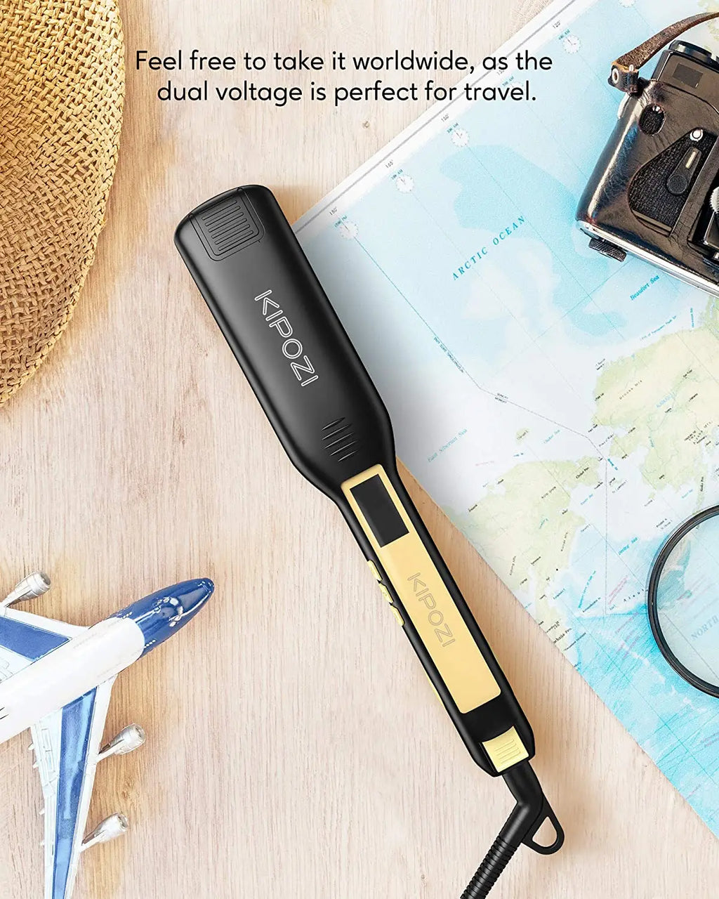 KIPOZI dual voltage titanium hair straightener with digital LCD display for travel, in black and gold design.