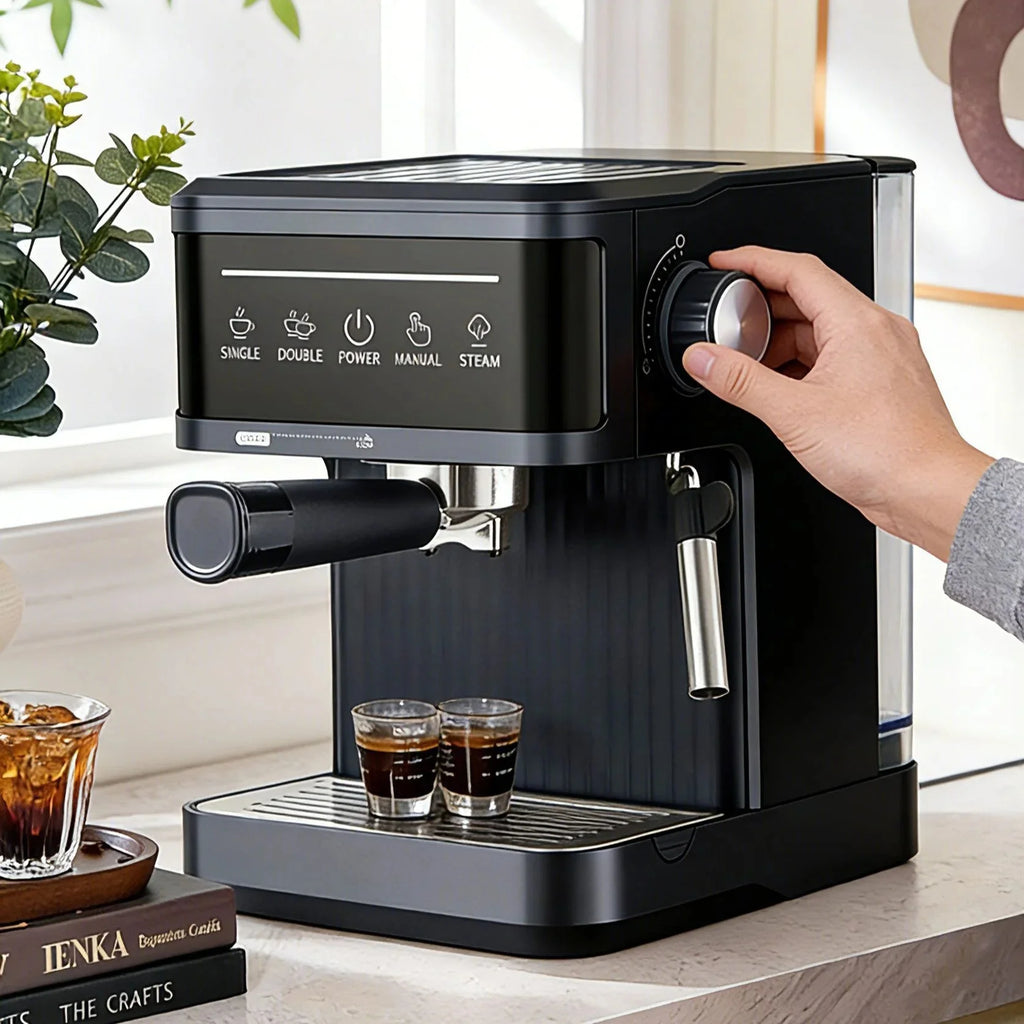 Matte black espresso machine with portafilter, steam wand, and digital touch panel brewing two shots of coffee.