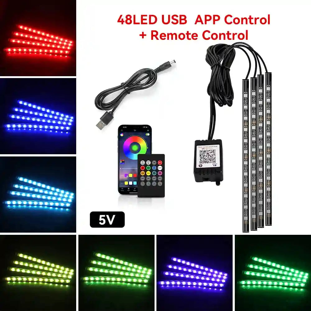 Tidesmit Car Interior LED Ambient Lights - App Controlled RGB USB Lighting 48LED Remote APP USB Tidesmit