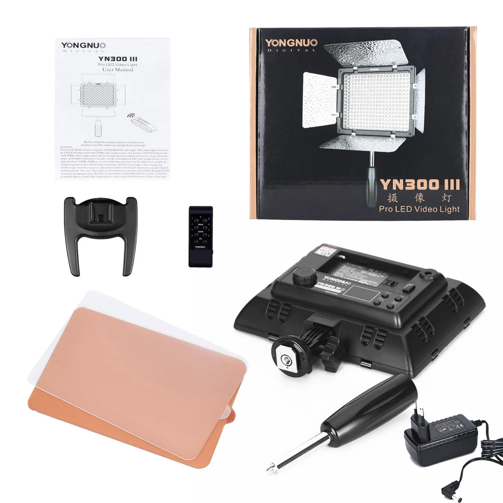 YN300 III LED video light kit with square panel, barn doors, remote control, handle, mounting bracket, and power