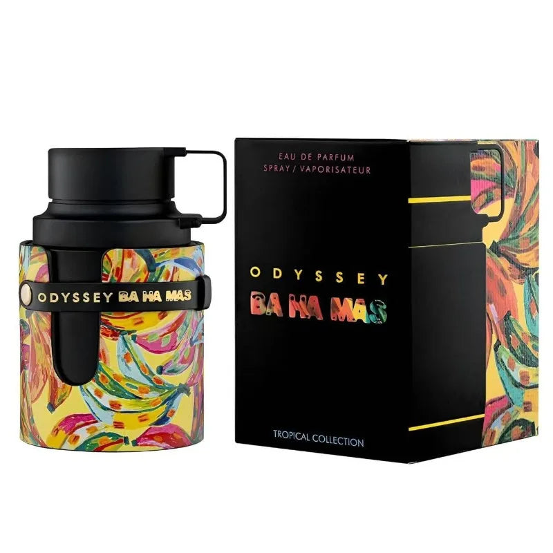 Armaf Odyssey Baha Mas Eau de Parfum: Unisex tropical woody fragrance in a unique banana-print bottle with display box.