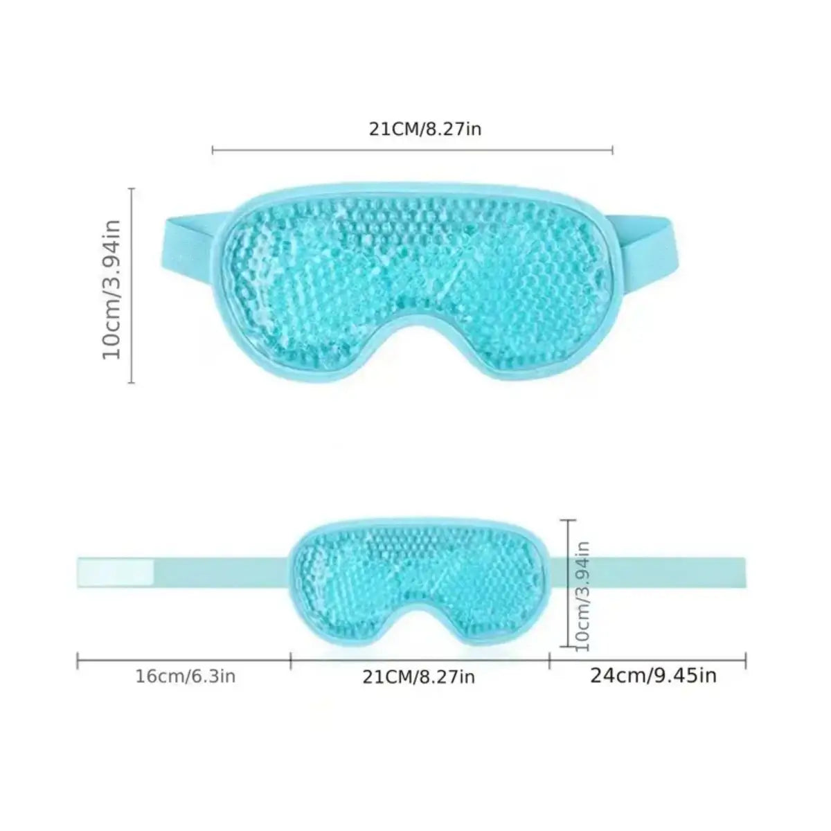 Light blue gel bead eye mask with elastic straps, shown from two angles with dimensions in centimeters and inches.