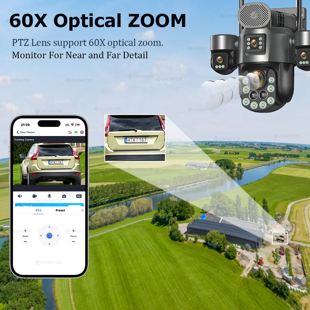 60X Optical Zoom Home Surveillance Solar Cameras 4G Security Protection Auto Track  24/7 Record 4 Screen/4 Lens CCTV PTZ Camera