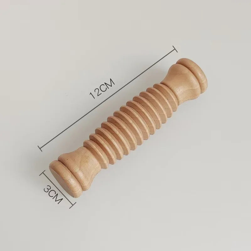 Wooden foot massage roller, 12cm cylindrical manual massager for arch pain relief, reflexology, and relaxation.