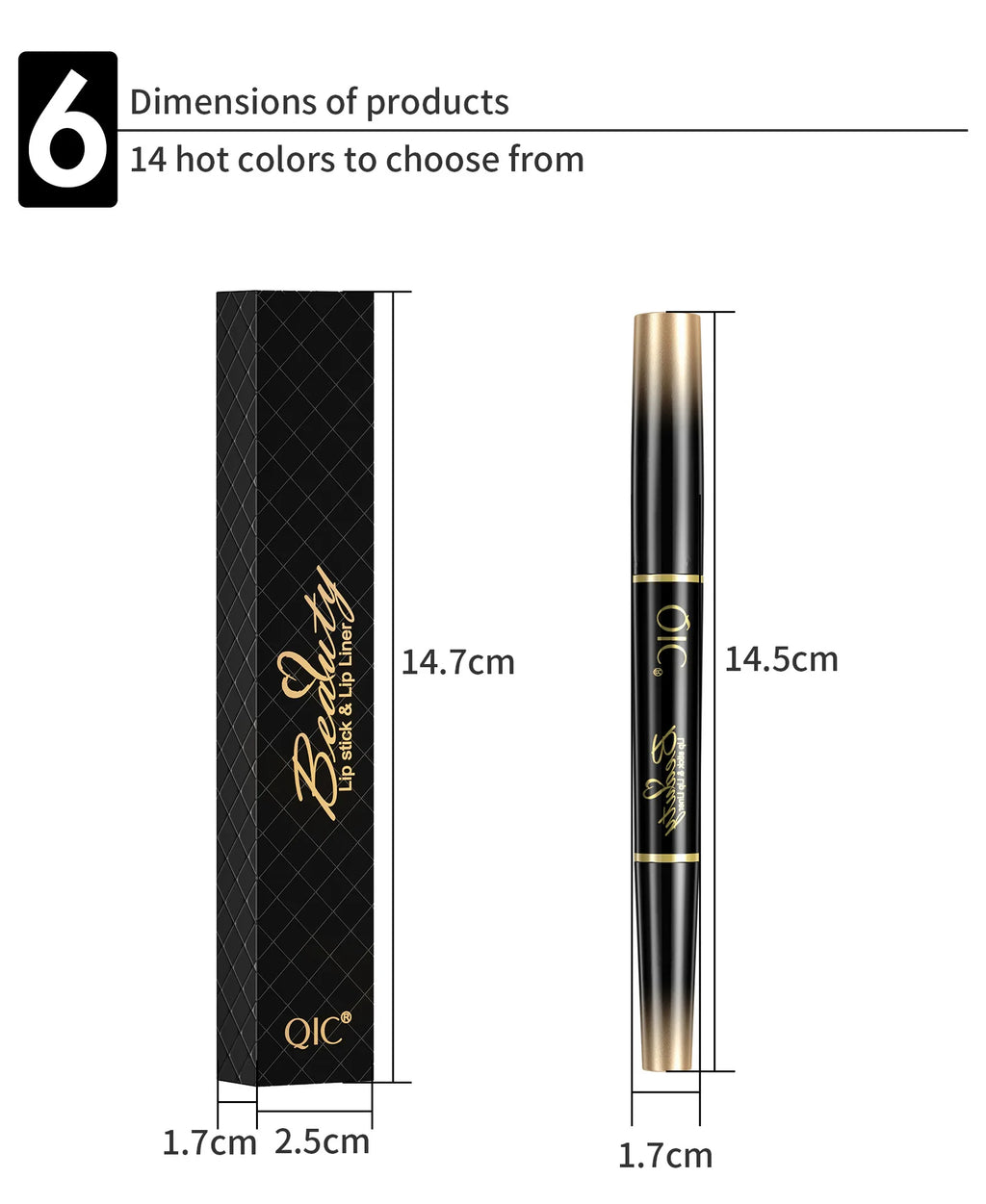2-in-1 waterproof nude matte lipstick and lip liner pencil with black, double-ended applicator and elegant box.