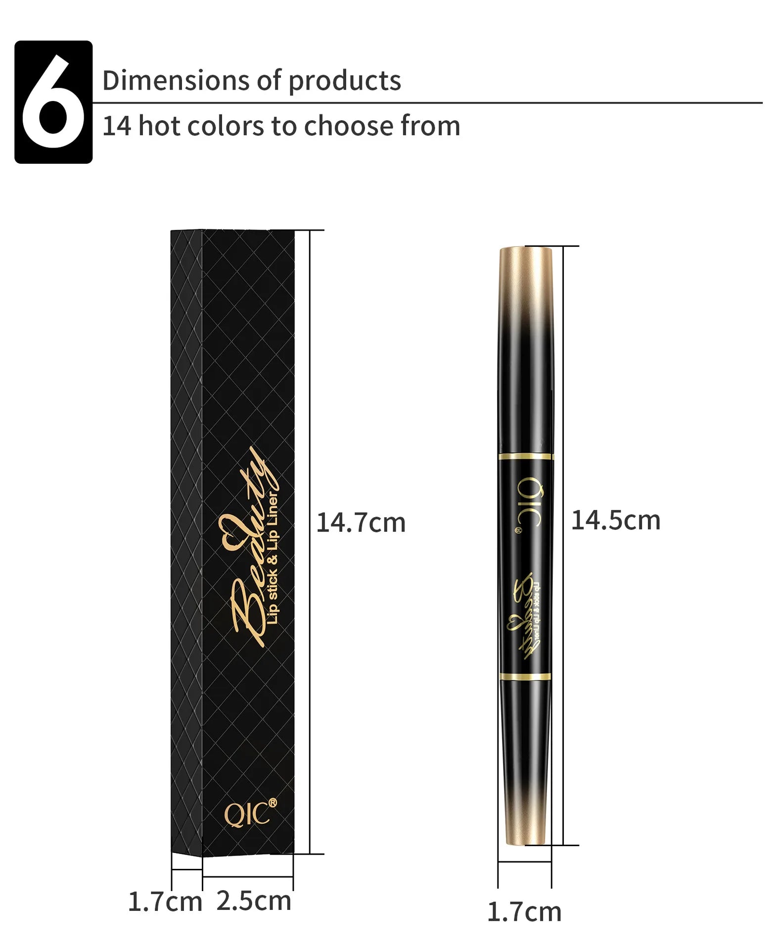 2-in-1 waterproof nude matte lipstick and lip liner pencil with black, double-ended applicator and elegant box.